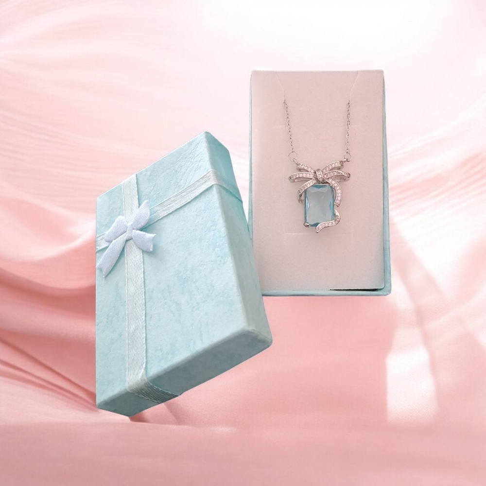 Light Blue Crystal Bow Pendant Necklace for Women - Picture 4 of 4
